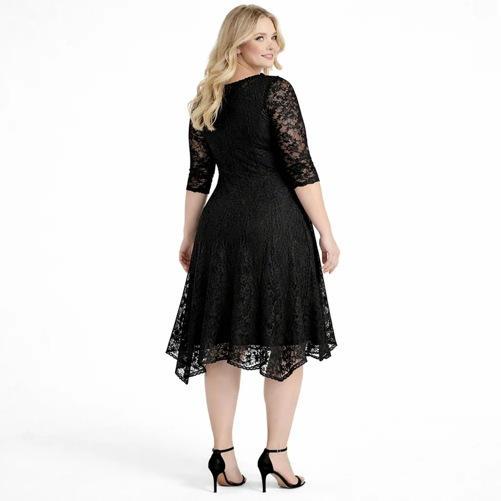 Lily by Firmiana 2X Black Lace Sharkbite Dress Rosette Neckline - Picture 8 of 13